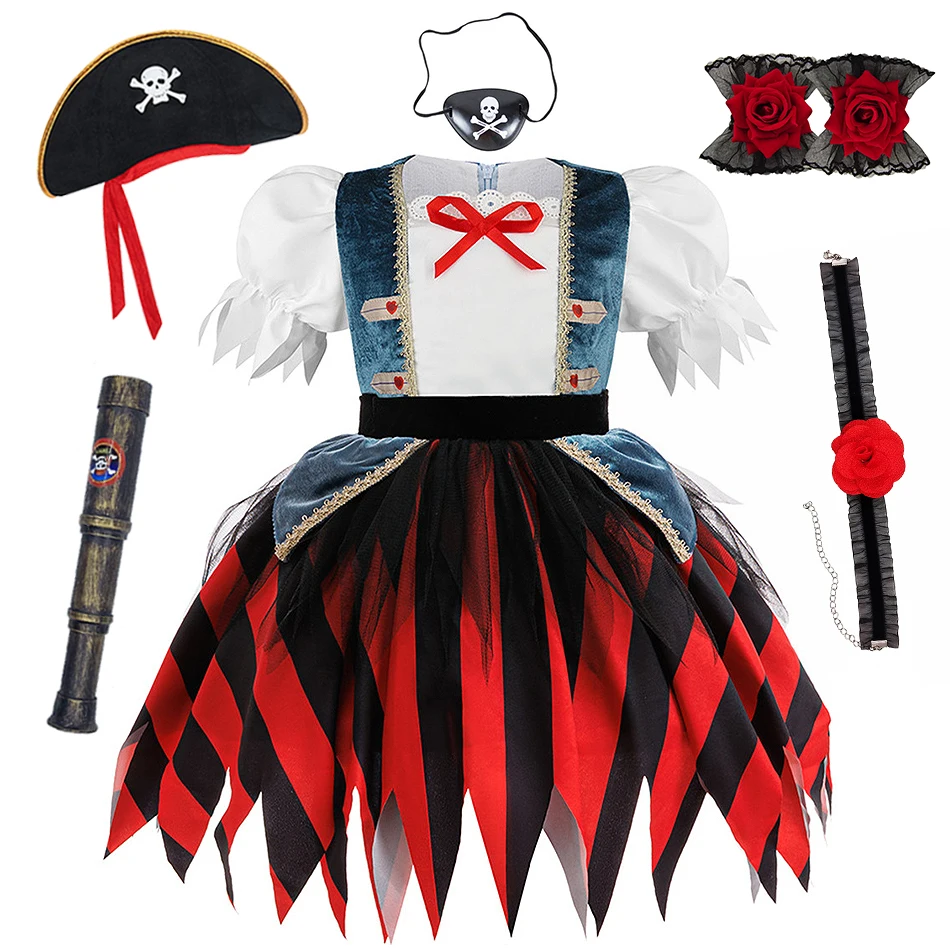 Kids Pirate Captain Role Play Princess Dress Children Halloween Carnival Party Cosplay Costume Performance Frocks for Baby Girls