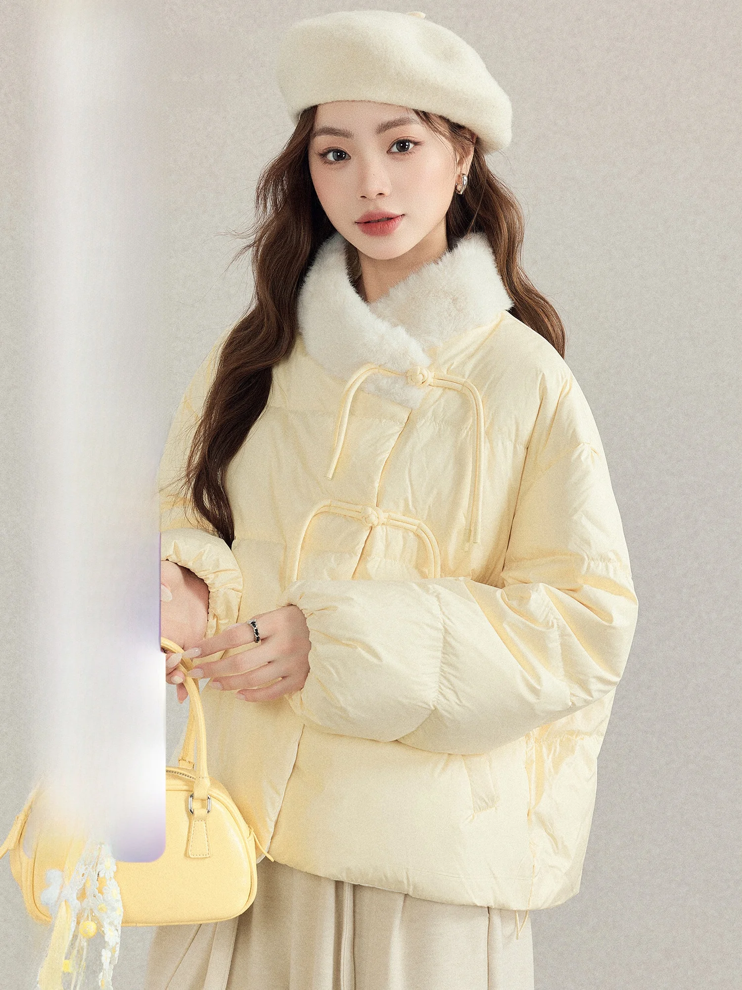 

Meng Xiaoqi Women's Thiened Long Sve down Jaet Warm Coat with Fur Collar Korean Sle Commute Pure Color Winter Clothes