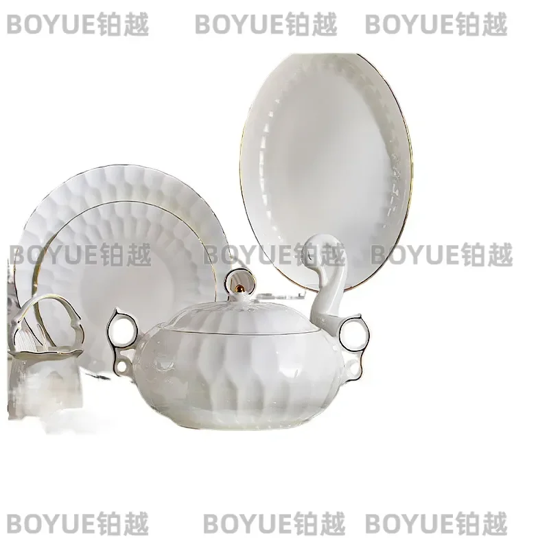 Modern Light Luxury Bone China Dinnerware Set Elegant Household Bowl and Plate Combination Simple Ceramic Tableware Gift