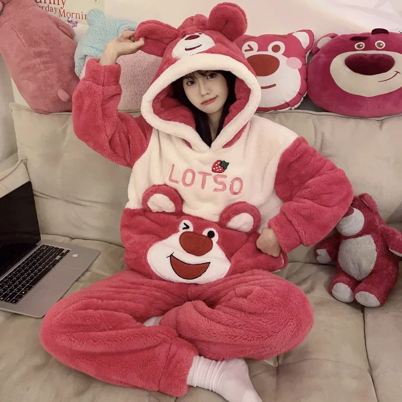 Strawberry bear pajamas cartoon Disney loungewear new two-piece set pajamas pants set hooded strawberry bear women's pajamas