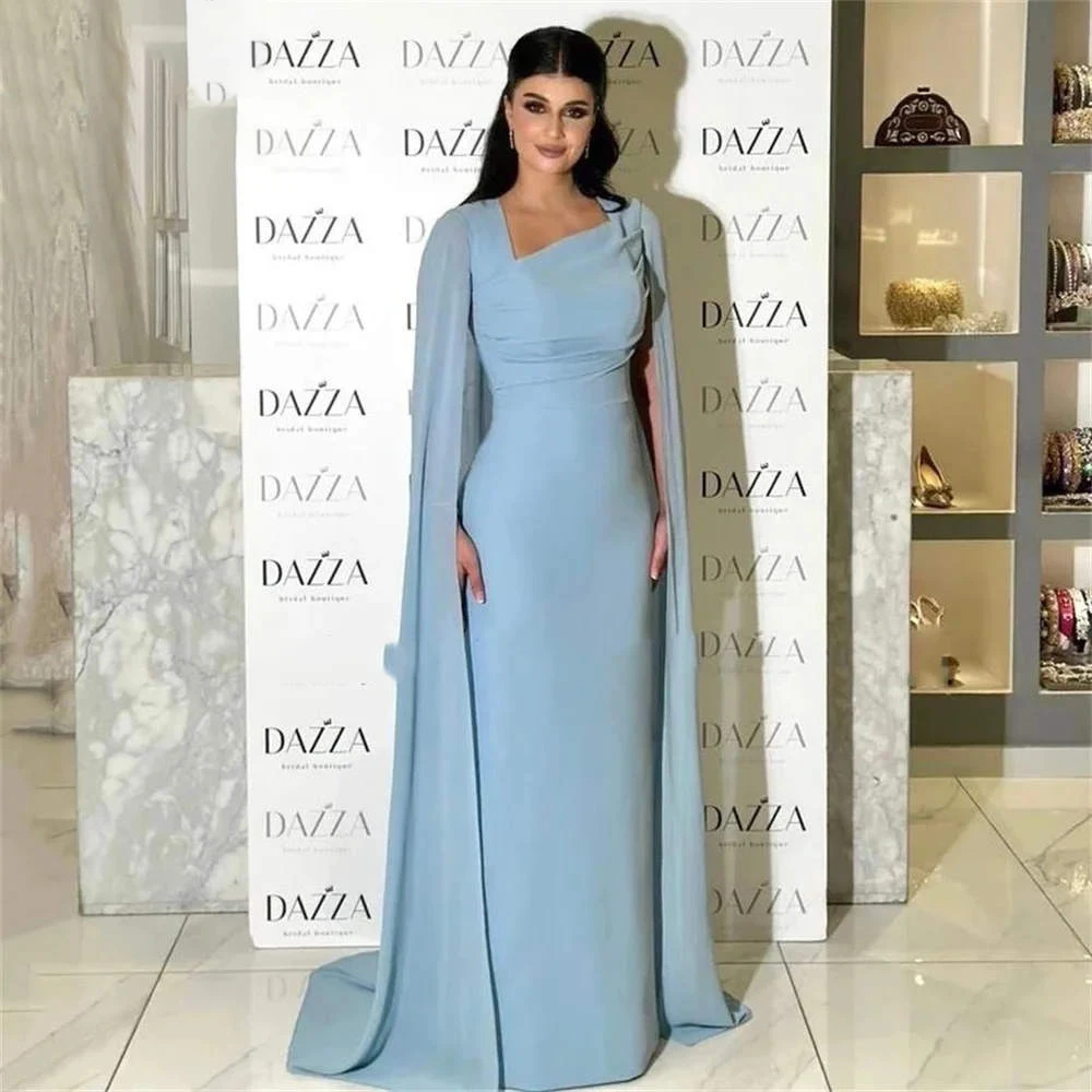 

High-end Banquet Dress Blue Irregular Neck Square Neck Long Sleeve Slim Tea-Length Dress for Party Pageant Prom Cocktail