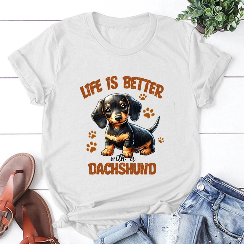 New Dog Life Is Better With A Dachshund Graphic Print T-Shirt Men Women Fashion Round Neck Loose Tee Shirt