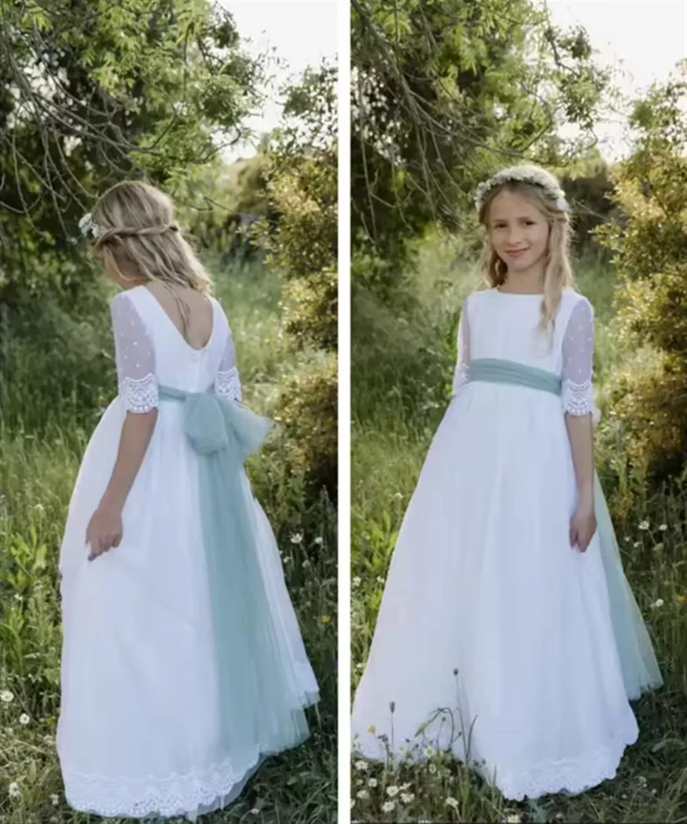 

Свадебное платье принцессы с цветочным узором для девочек по индивидуальному заказу, кружевное бальное платье с бантом и половиной рукавов, детское бальное платье для дня рождения, первого причастия