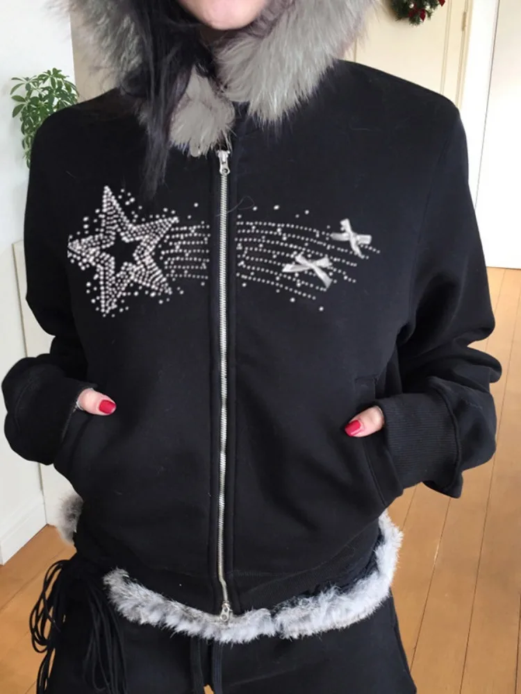 Y2k Vintage Fur Patchwork Hooded Tops Women Star Rhinestone Hoodies Grunge Aesthetic Jacket Double Zippers Hoody Sweatshirts