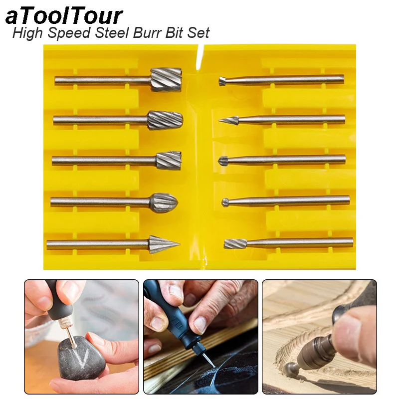 High Speed Steel Rotary Burrs Tools Routing Router Drill Bit Set for Plastic Resine Wood Stone Metal Root Carving Milling Cutter