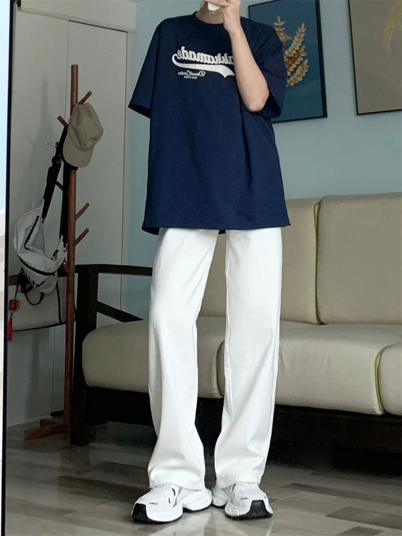 

Белые широкие джинсы с высокой талией, женские летние тонкие новые свободные прямые брюки большого размера, модные повседневные джинсы с высокой талией