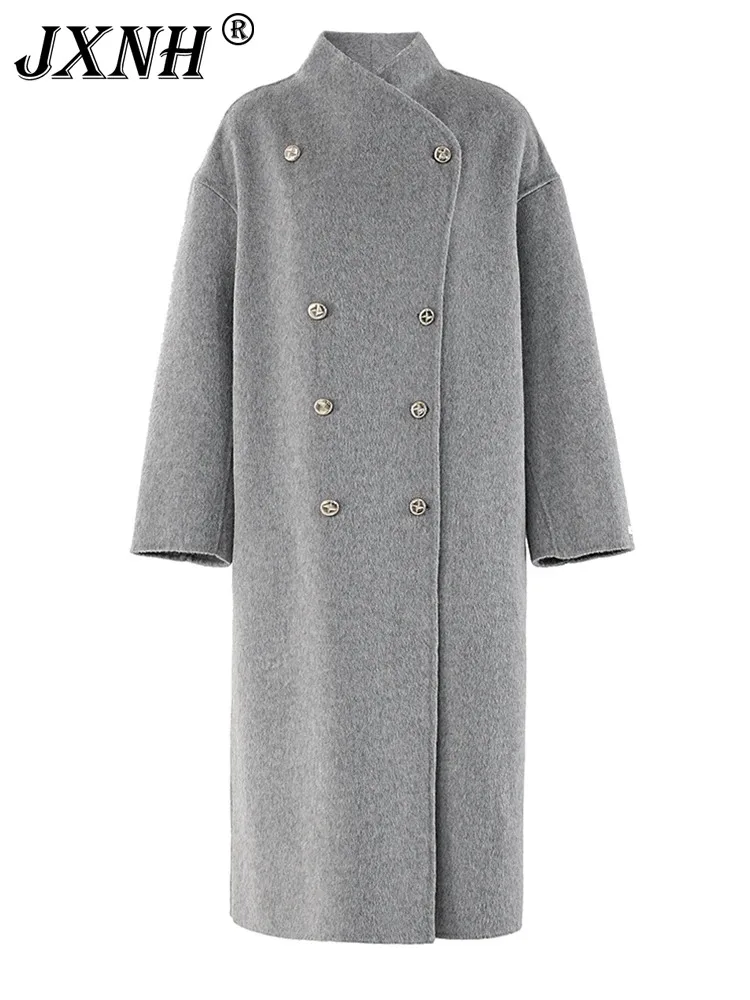 

Gray Double Breasted Big Size Long Woolen Coat New Stand Collar Long Sleeve Women Jacket Fashion Autumn Winter 2024