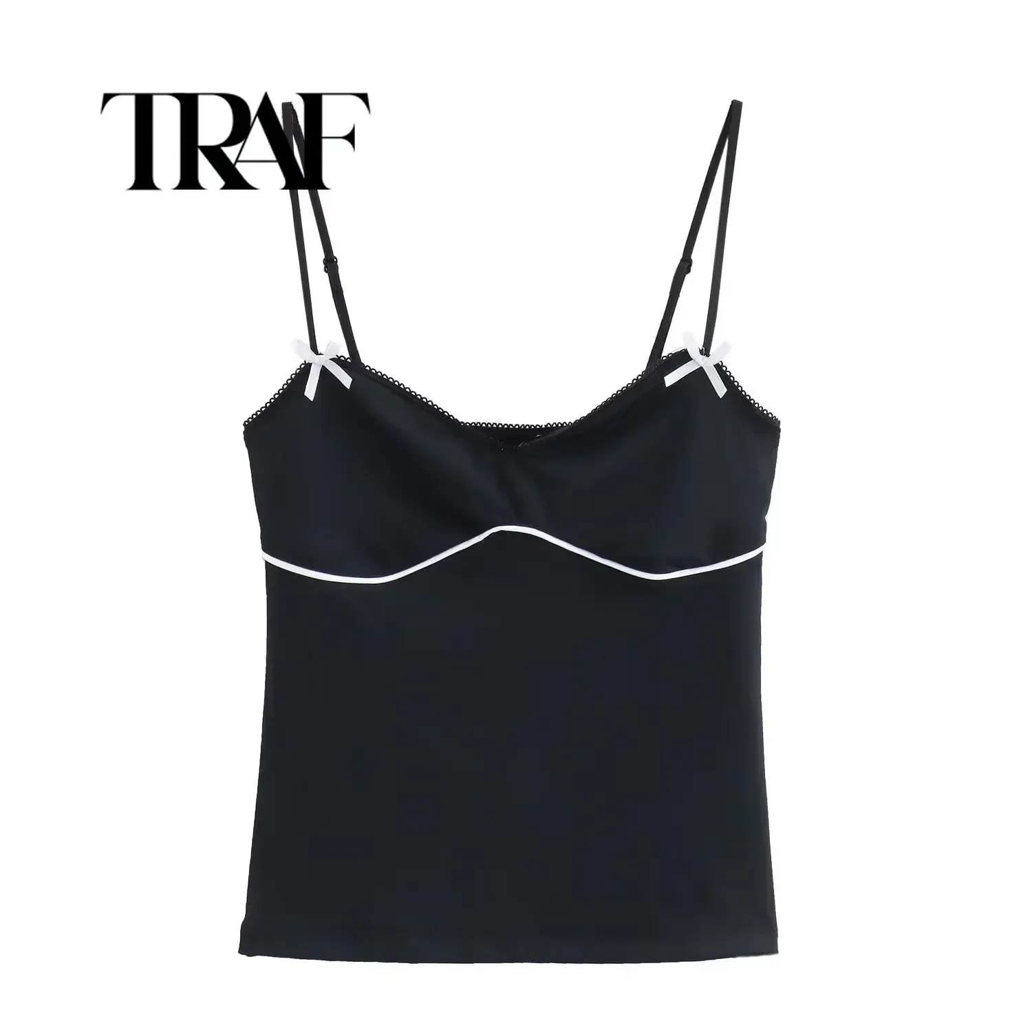 TRAF Solid Women Sling Top Contrast Color Bow Decoration Short Top Sweet Sexy Women\'s Top High Quality Women Clothing 3641/800