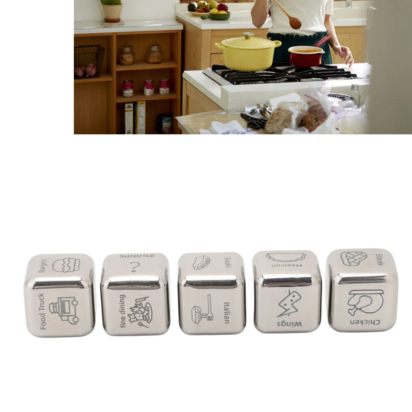 ZK40 5pcs Food Decision Dice 30 Food Patterns Exciting Meal Planner Metal Couples Dice for Date Night