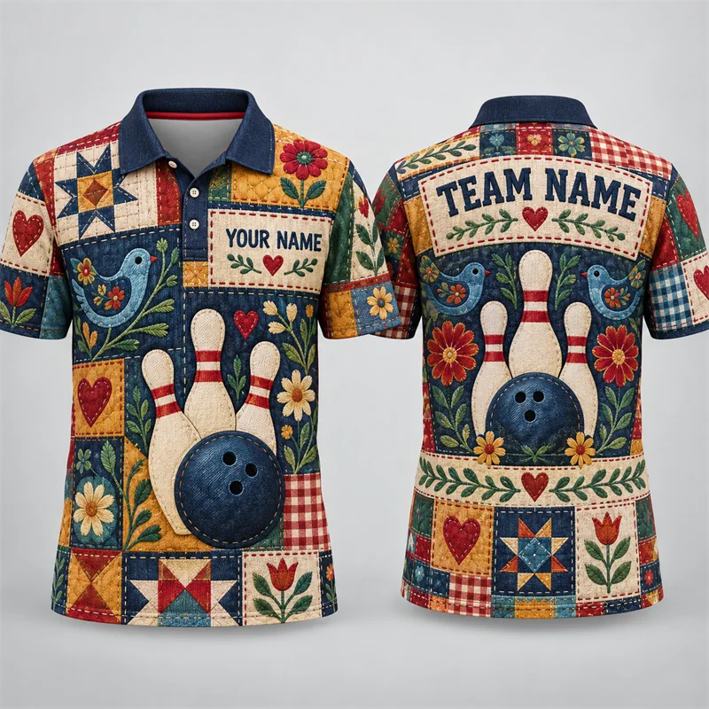 Custom Bowling Polo Shirt Personalized Name Team Name Vintage Scenic Print Short Sleeve Jersey League Tournament Sports Uniforms