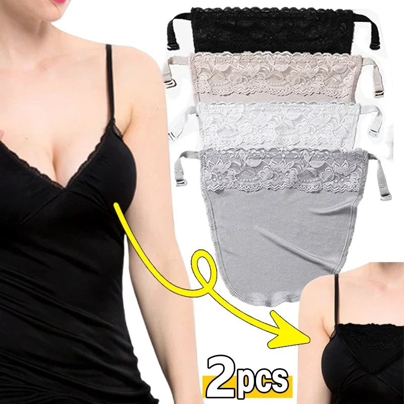 Women Summer Clip-On Floral Black White Lace Mock Camisole Bra Insert Cleavage Cover Overlay Panel Vest Wrapped Chest Bandeau