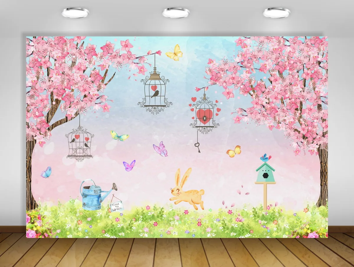 Enchanted Butterfly Garden Backdrop Pink Flowers Fairy Butterfly Girls Birthday Party Backgrounds Banner Photo Studio Photo Prop