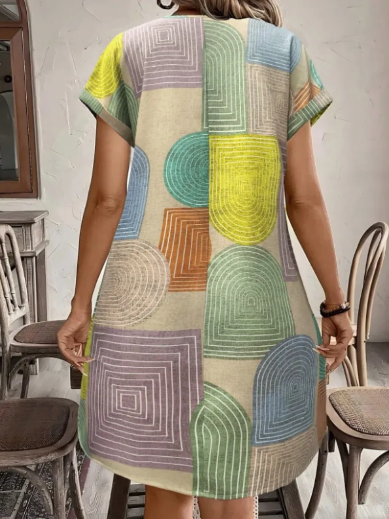 Geometric Color Block Print V-Neck Button One-Piece Sleeve Knee-Length Bodycon Dress