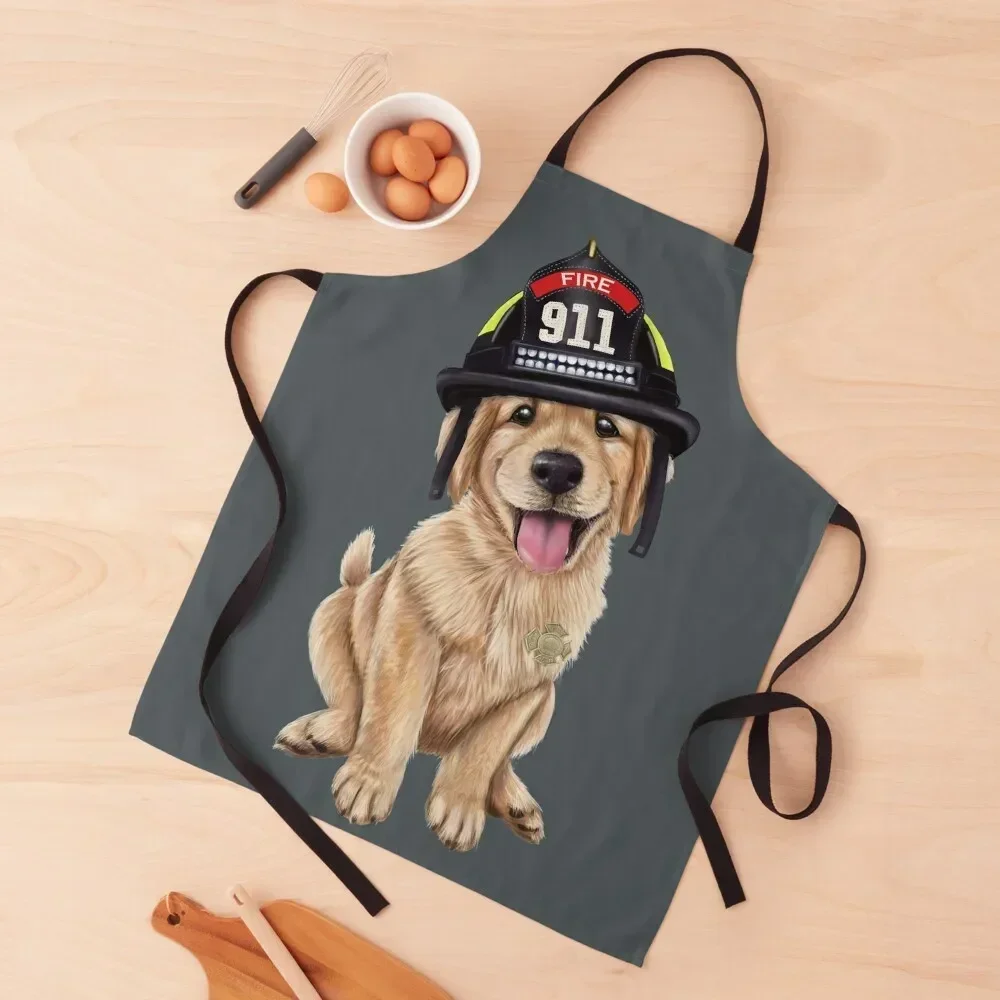 Golden Retriever puppy in a firefighter hat Apron Home Utensils All For Kitchen And Home Apron