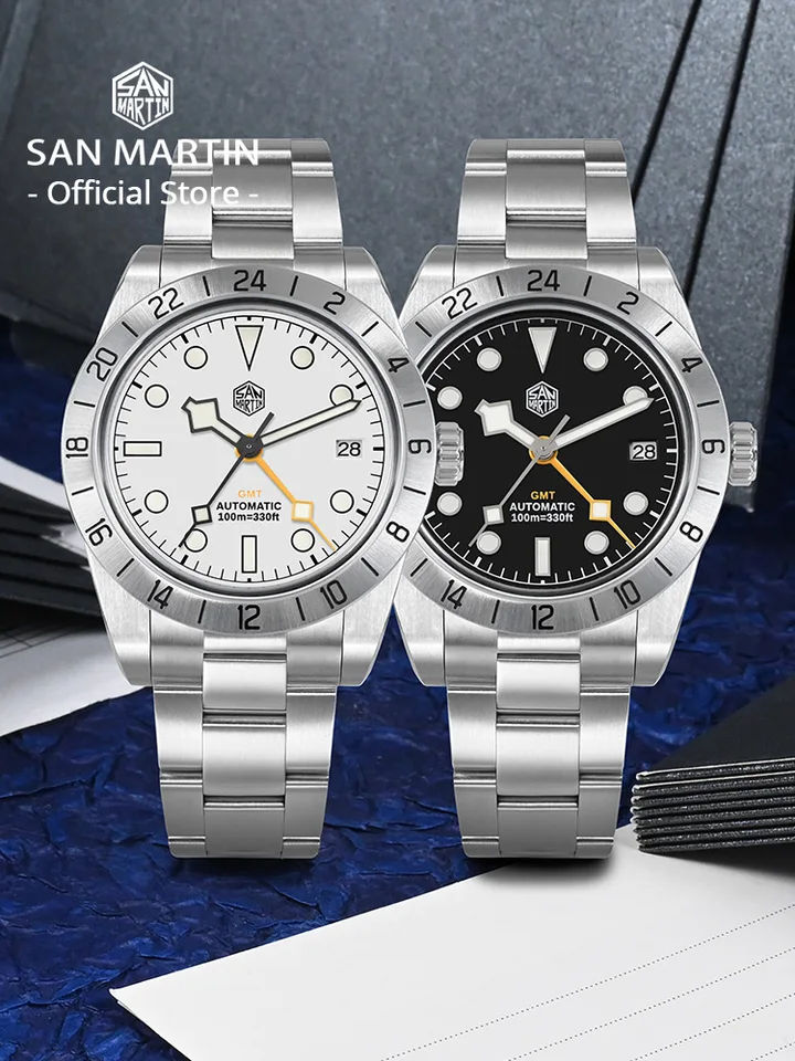 【美品】SAN MARTIN GMT 自動巻きNH34ムーブメント 白銀 サンマーティン 新型 39mm NH34 BB GMT 自動巻き機械式腕時計 スポーツ