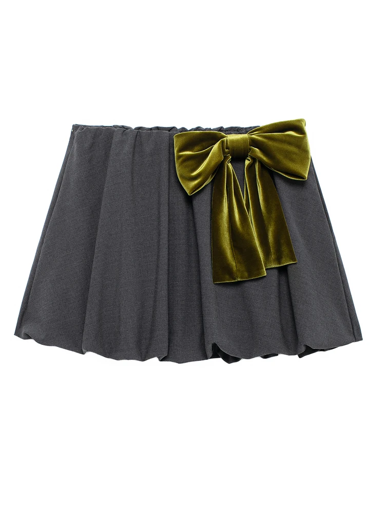 KAOPU ZA Women velvet bow balloon pleated mini skirt vintage mid-waist female skirts mujer