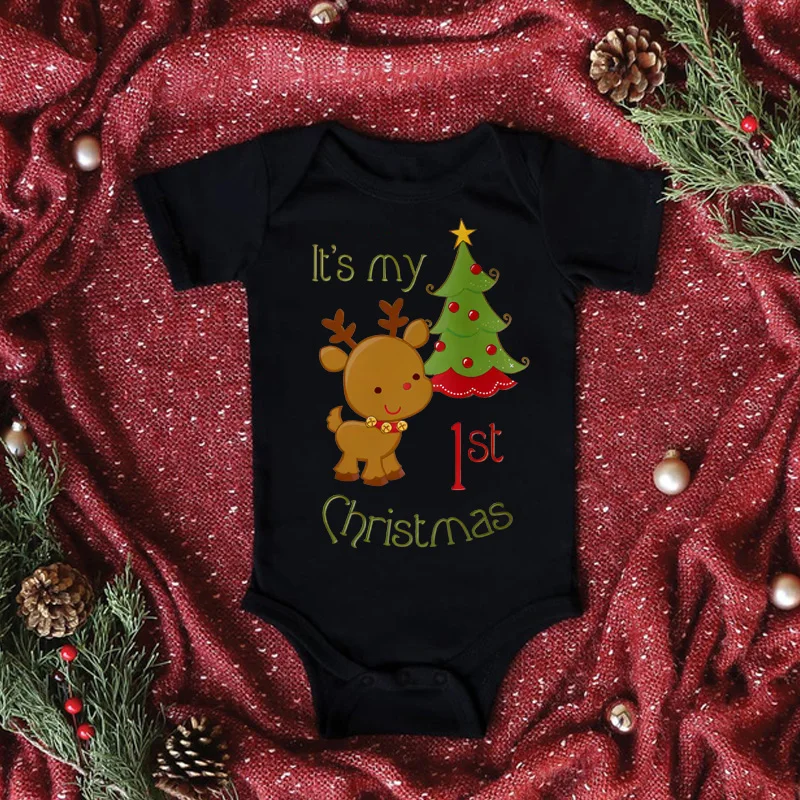 My First Christmas Newborn Baby Short Sleeve Romper Cartoon Santa Printed Infant Bodysuit Christmas Tree Clothes Xmas Gift