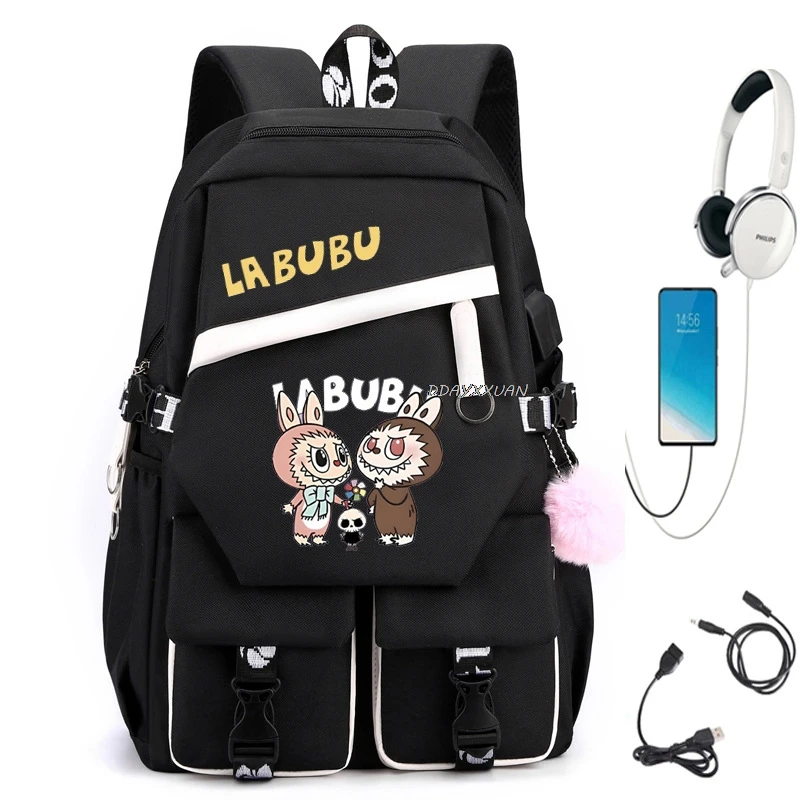 MINISO Backpack labubu Student School Backpack USB Charge School Bag Teenager Girls Boys Children's Backpack