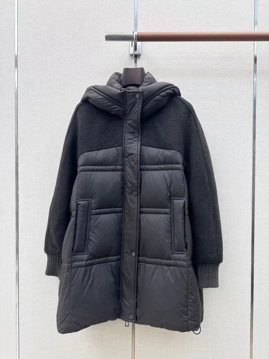 Women Mid Length Hooded Wool Coat, Spliced Design, Down Hood, Fall Winter New Arrival