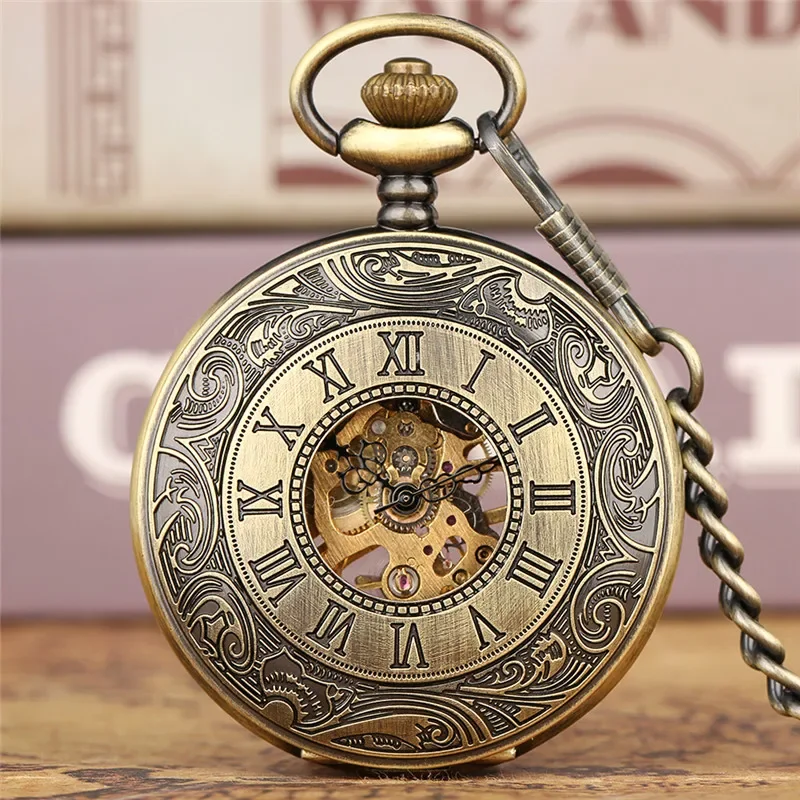 Antique Roman Number Case Pocket Watch Unisex Handwinding Mechanical Skeleton Clock with Pendant Chain Arabic Numeral Dial