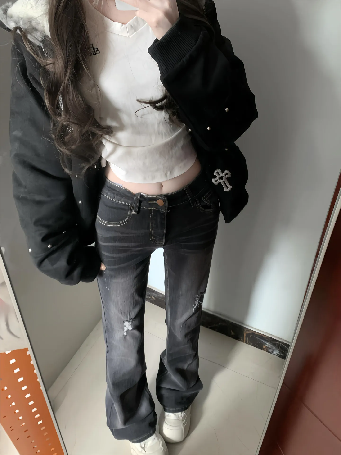 American Vintage Low Waist Ripped Bell Bottom Jeans Women's Autumn Winter Slimming Design Sense Weathered Floor-Length Pants