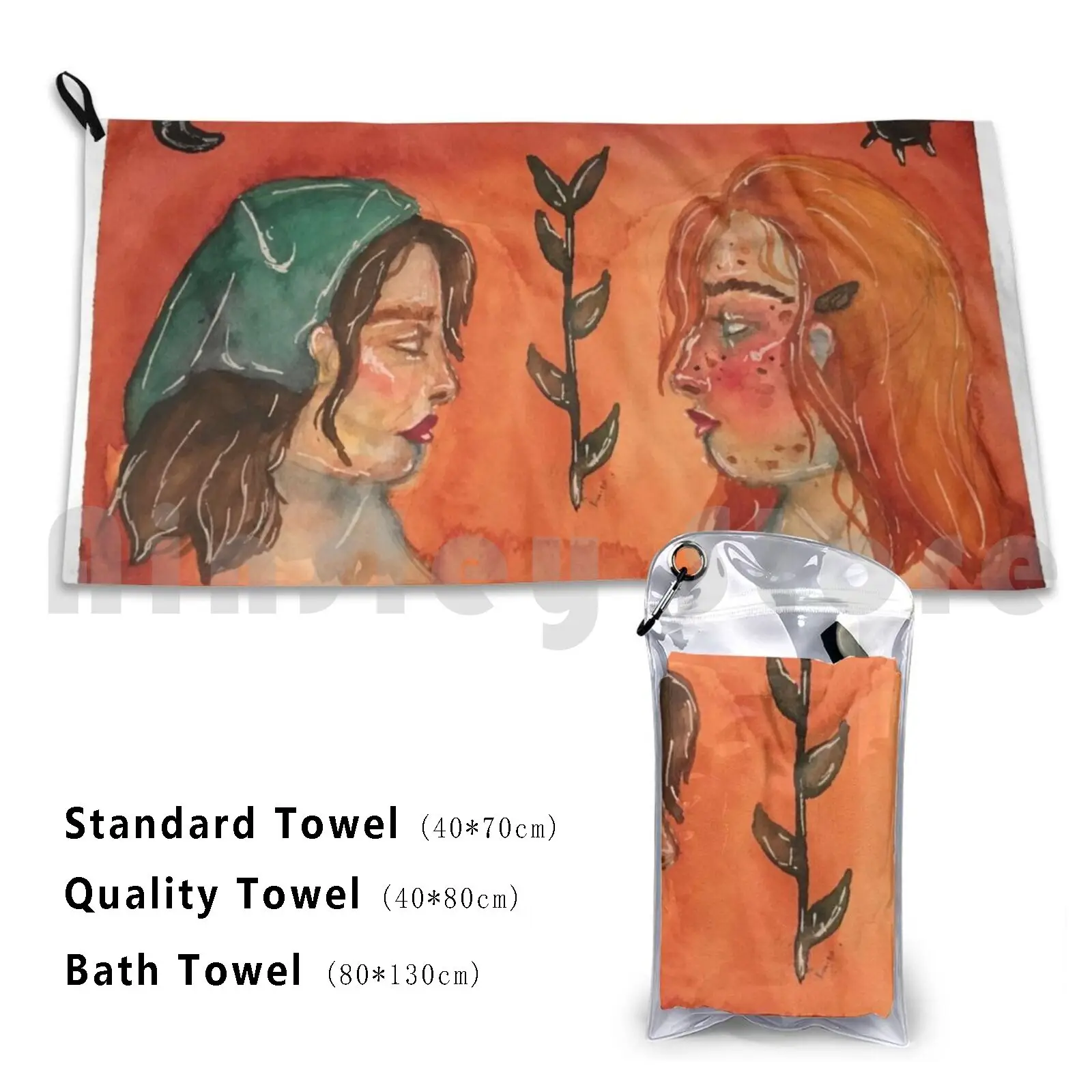 Towel Sun And Moon Sisters 1581 Watercolour Magic Sun Moon Mystical Hippie Nature Orange