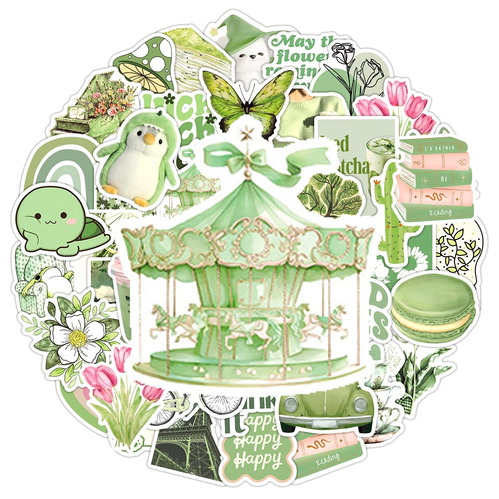 10/30/50 pçs verde vintage dos desenhos animados adesivos estéticos kawaii meninas decalque diy scrapbooking notebook portátil adesivo à prova dwaterproof água presente