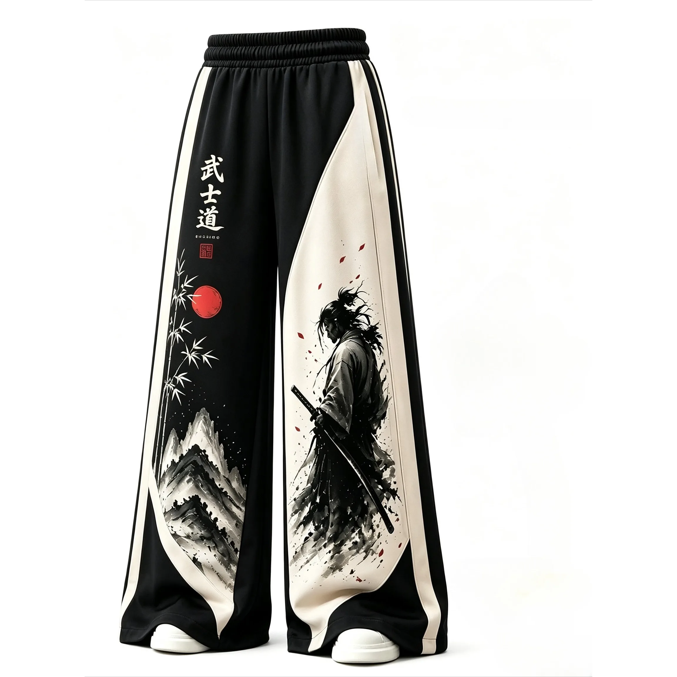 Men Women Straight‑Leg Pants 3D Ink Samurai Landscape Print Trousers Elastic Drawstring Waist Japanese Style Long Pants