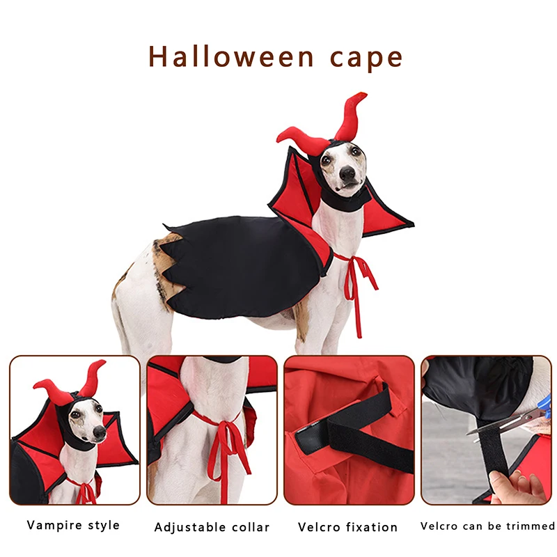 Dog Halloween Costume Tie-Up Vampire Cape Adjustable Hat with Horns Devil Costume for Holiday Party Club