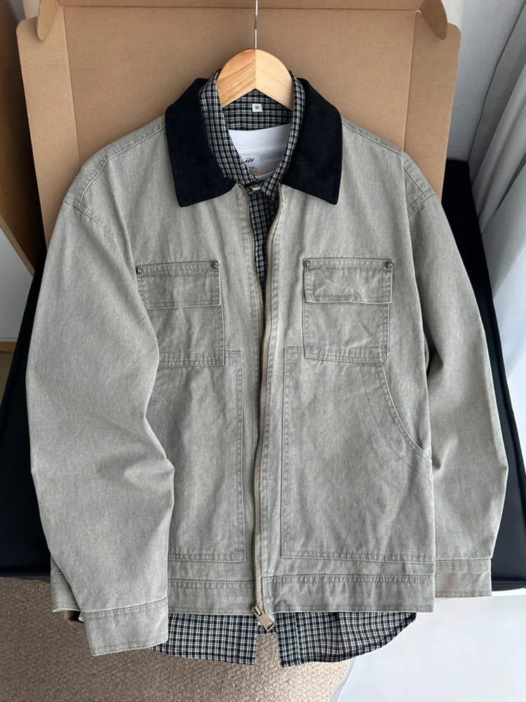 

Retro American Sle Men's Jaet Autumn Winter New Faion Workwear Coat Zipper Closure Windproof Regular Sve Length