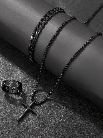 Conjunto de joyería de aleación de moda de 3 piezas para hombre: combinación de collar, pulsera y anillo con colgante de cruz