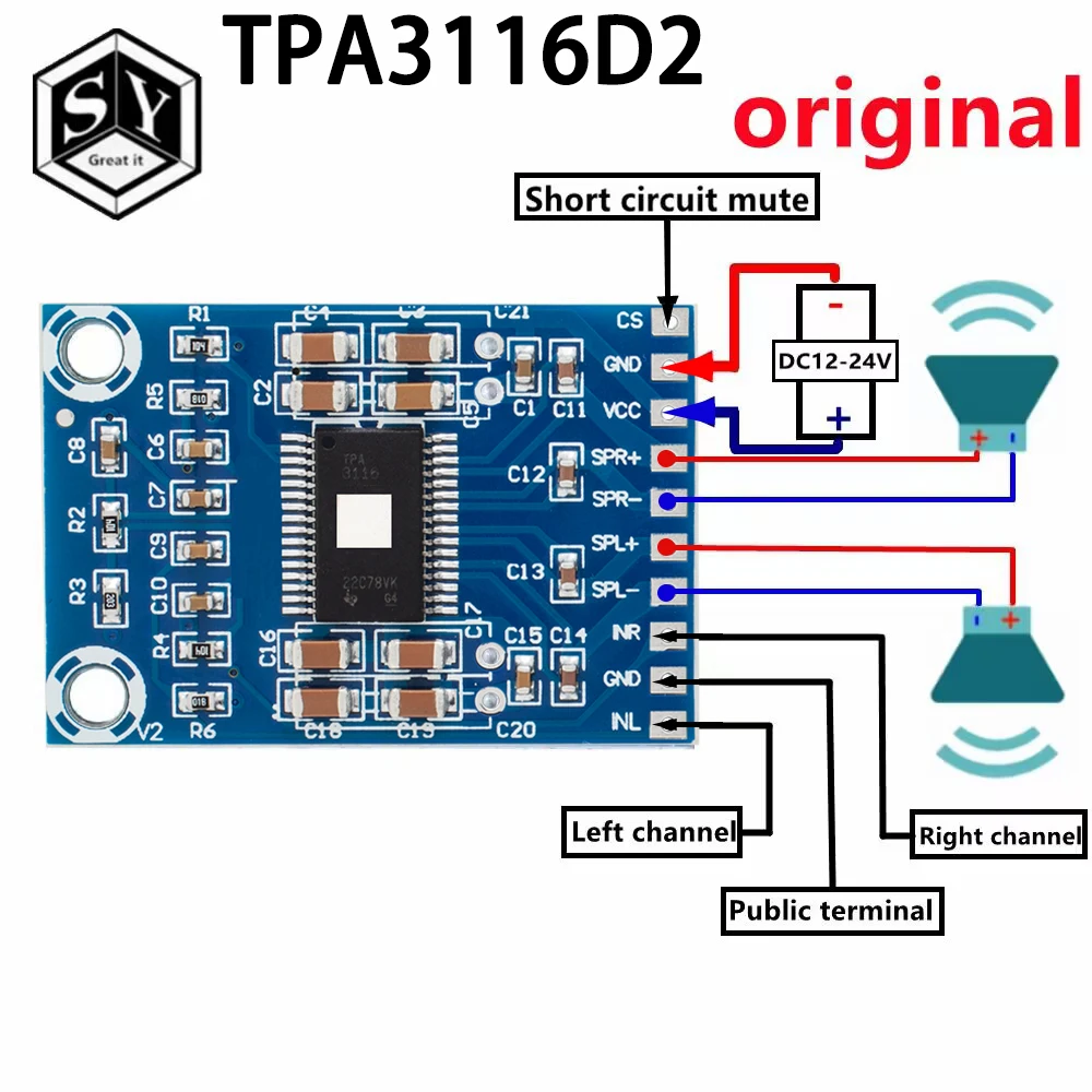 XH-M562  DC 12V-24V 2x50W Dual Channel Mini Digital Amplifier D Class 50W+50W TPA3116D2  Amplifier 50W Power Amplifier Board