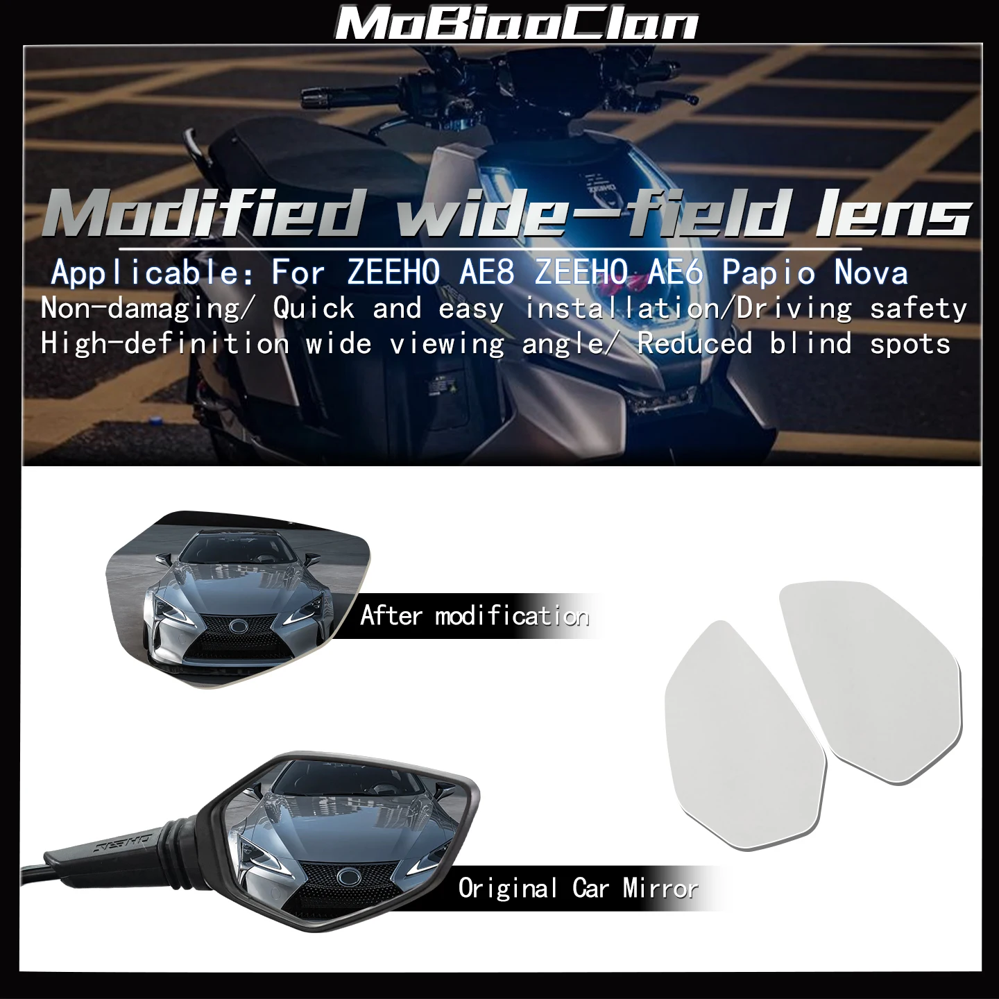 For ZEEHO AE8 AE6 Papio Nova Motorcycle accessories Convex Mirror Increase Rearview Mirrors Side Mirror View Vision Lens ﻿