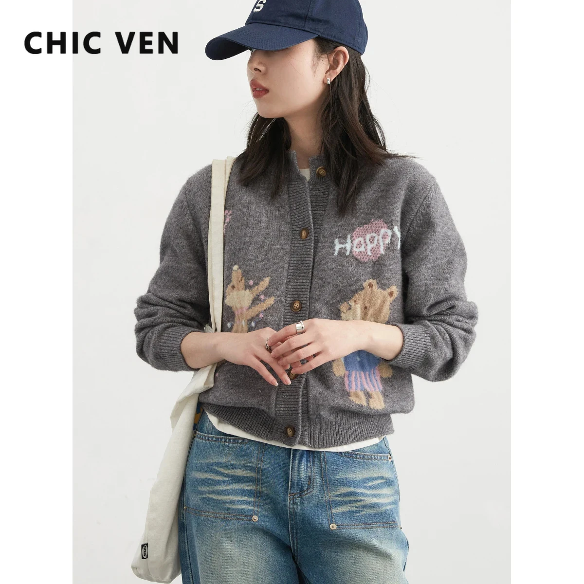 

CHIC VEN Women Cardigan Retro Round Neck Jacquard Bear Sweater Knitted Female Cardigans Woman Top Spring Autumn 2024