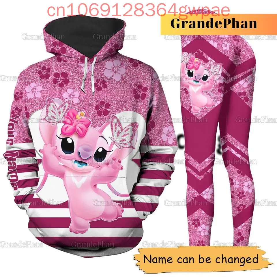 Custom Name Disney Angel Hoodie and Leggings Women's Set Sports Suit Stitch Hoodie Yoga Pants Set Fashion Tracksuit Set