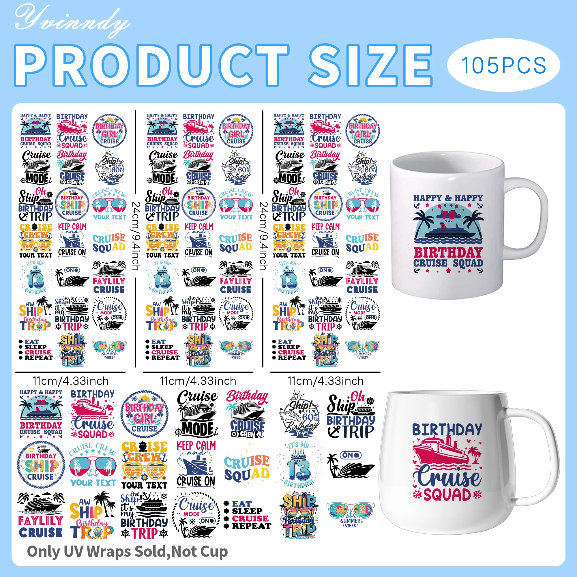 105Pcs/Set Sailing Birthday Trip UV DTF Transfer Sticker DIY Craft Kits with Crystal Label 16oz Glass Jars Wrap Stickers