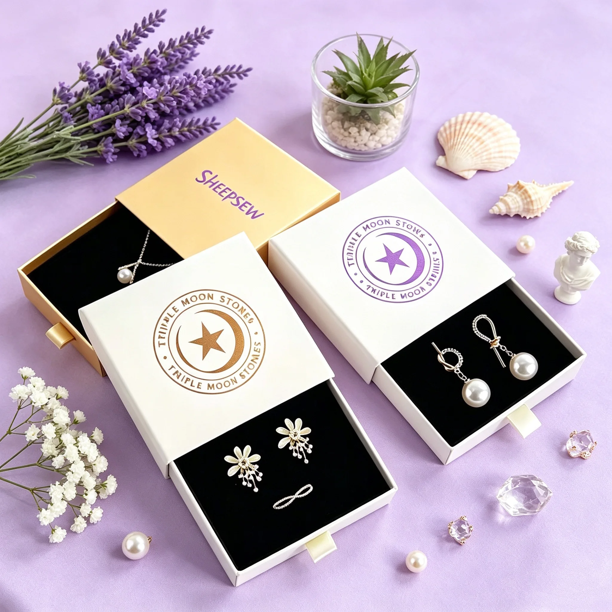 50pcs Sheepsew Custom Logo 8x8x2.5cm Jewelry Box Earrings Necklace Bracelet Organizer Gift Boxes Drawer Paper Jewellery Packagin