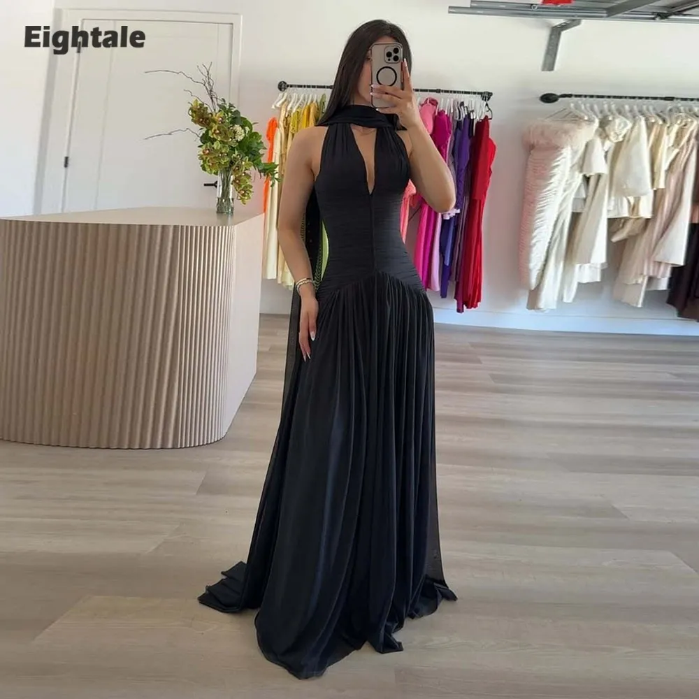 

Eightale Arabic Evening Dress V-Neck Pleats Customized Chiffon Black Floor Length A-Line Prom Wedding Party Gown