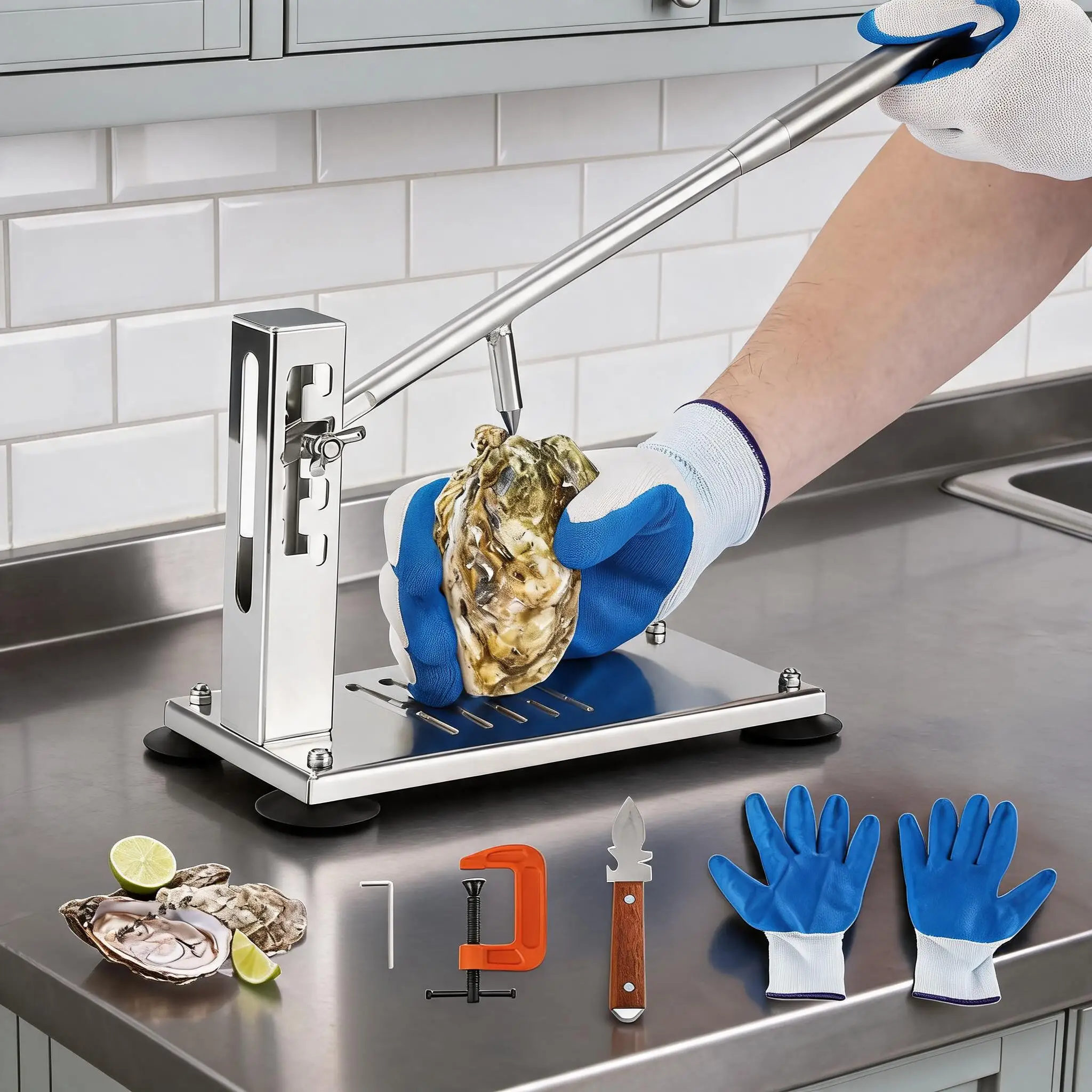 Set di Apribarattoli e Apriconchiglie Regolabile – Acciaio Inox, Regolazione in 4 Livelli, Piedini Antiscivolo, Morsetto a G, Coltello Professionale per Ostriche e Guanto Antitaglio – Perfetto per