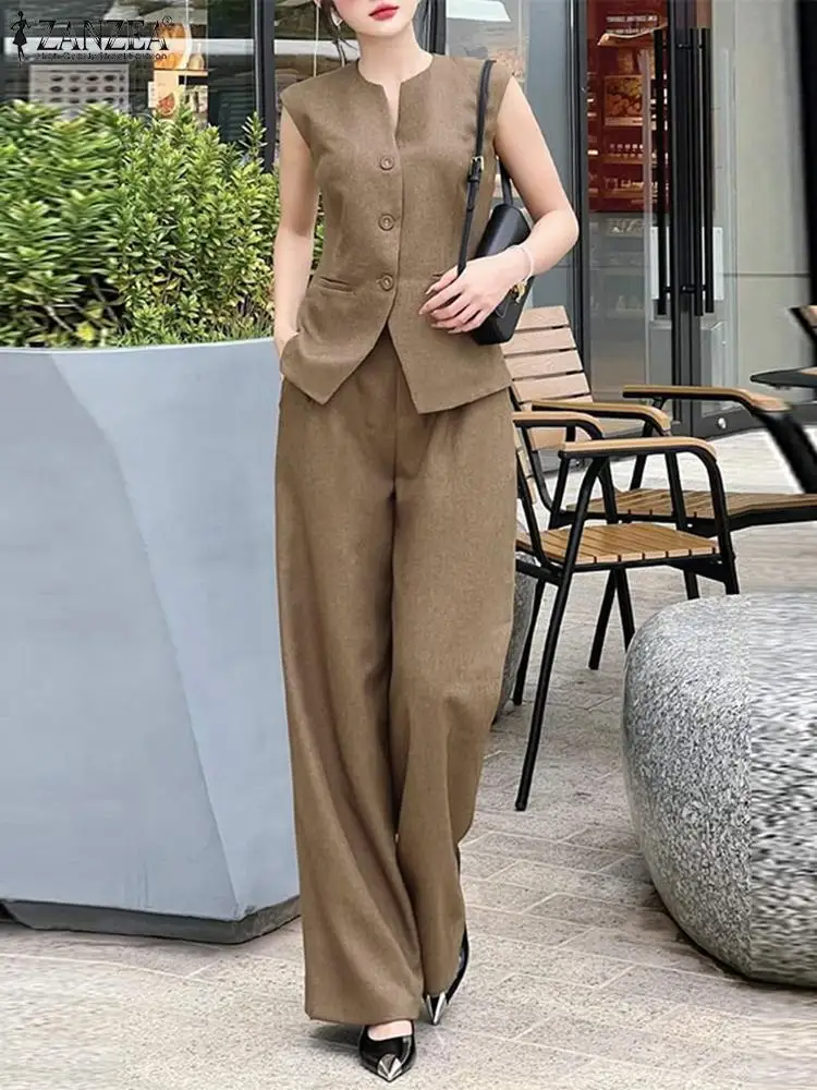 ZANZEA Casual Loose Solid Retro Outfits Women 2pcs Matching Sets Fashion Sleeveless Waistcoat Suits Office Lady Wide Leg Pants