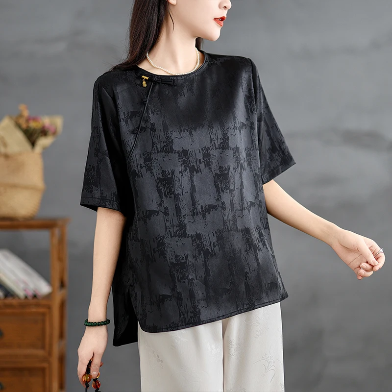 تي شيرت Ele Silk للسيدات ort Sve بتصميم أزرار صيفي جديد Sle صغير ence National Sle نمط زهرة تقليدي... #3