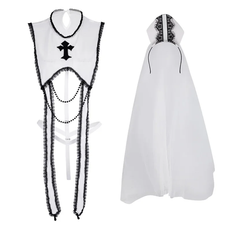 

Новинка 2025 года, женское сексуальное прозрачное нижнее белье для косплея монахини, кружевное боди с перекрестным принтом, комплект костюмов, сексуальный наряд для ролевых игр с кружевной отделкой