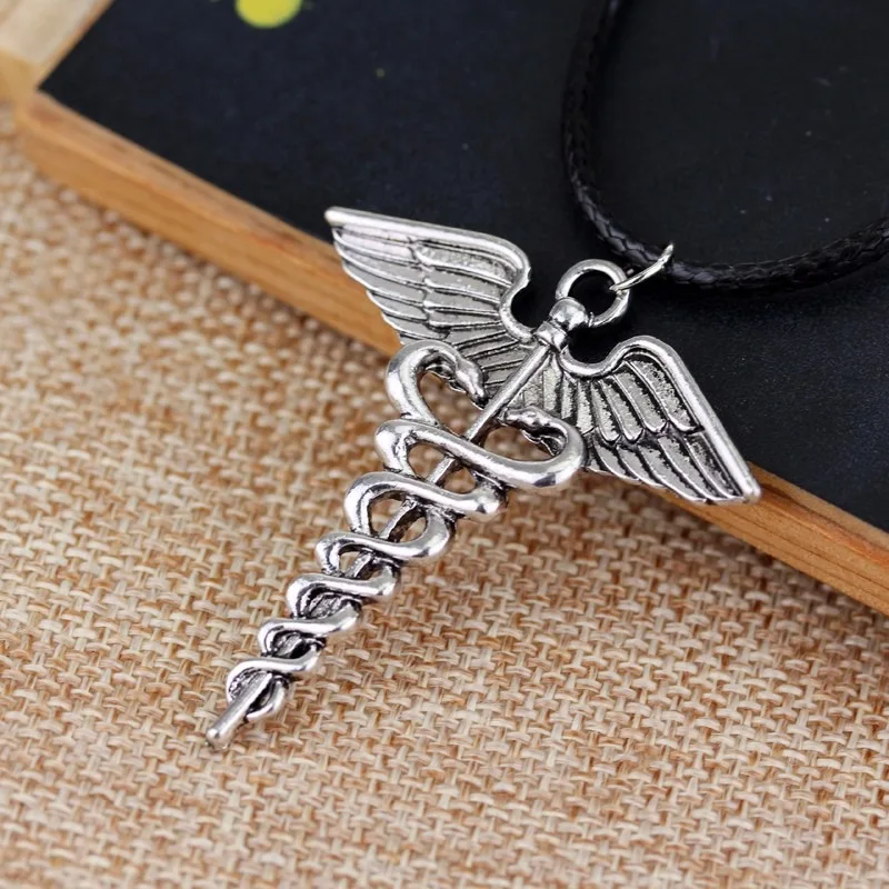 Fashion Percy Jackson Necklace Angle Wings Snake Ouroboros Magic Wand Caduceus Asclepius Pendant Emergency Medical Jewelry Gifts