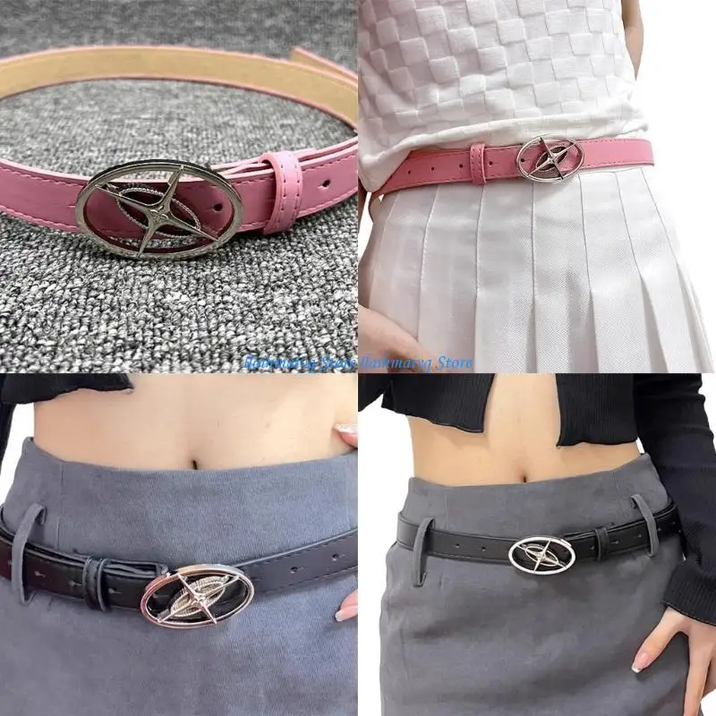 

573B Lady Belt Elegant Skinny Waist Belt for Dress Skinny PU Belt Round Buckle Simple Buckle for Suit Dress