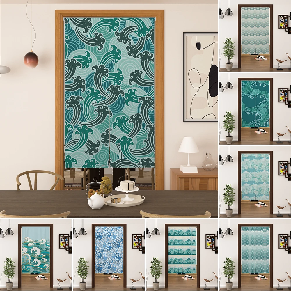 Noren Curtain Japanese Ukiyo-e Wave Print Room Partition Kitchen Entryway Restaurant Privacy Cover Curtain Hanging Linen Curtain