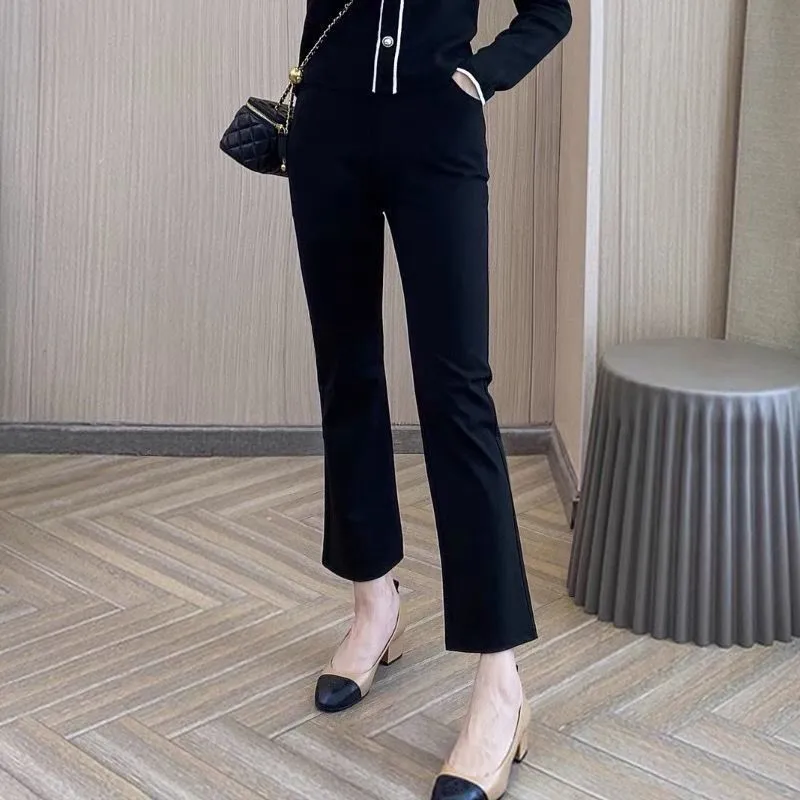 Pantaloni micro svasati in seta di ghiaccio elastica Pantaloni da abito elasticizzati a vita alta sottili primavera estate da donna Pantaloni casual con spacco