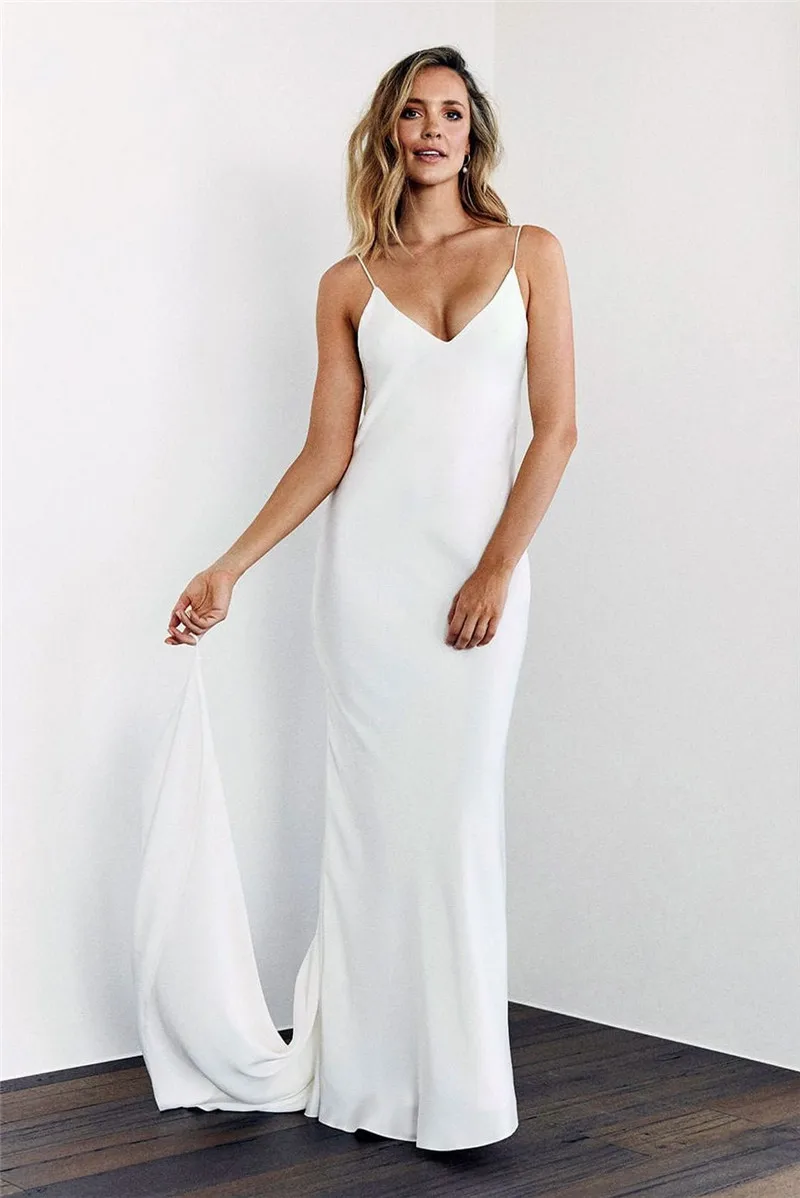 Vestido de novia personalizado con tirantes finos para mujer, vestido de novia de sirena con espalda descubierta y cuello de pico, vestidos elegantes sin mangas 2025