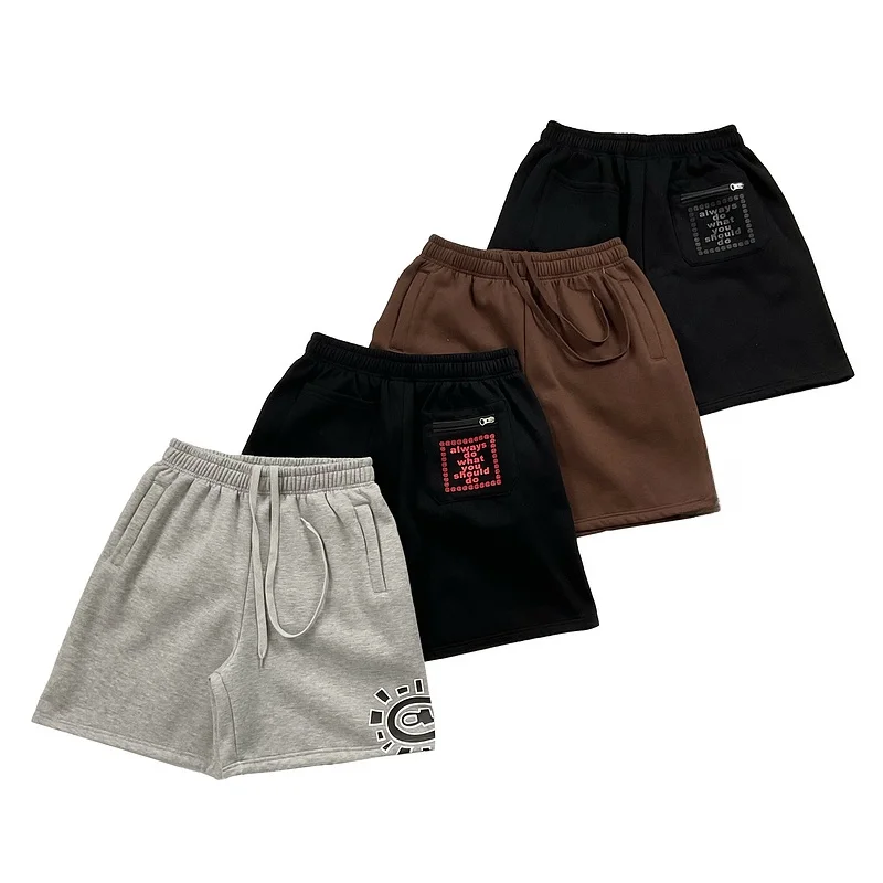 ADWYSD ベーシック サン プリント フリース裏地付きスポーツショーツ ハイストリート サマー カジュアル ドローストリング 五分丈 ストレートレッグパンツ