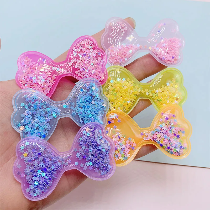 18Pcs 6*3.5CM Transparent Bling Bling Bowknot Flowing Patches Appliques For DIY Children Hair Clip Accessories