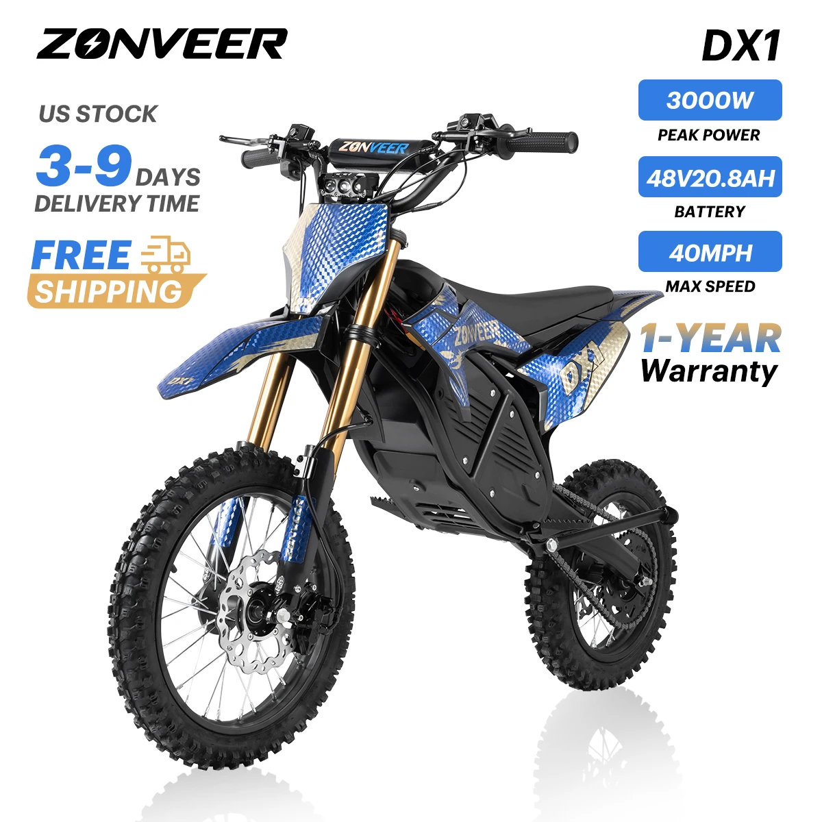 

Электрический внедорожный мотоцикл Zonveer DX1 3000W Peak для взрослых, аккумулятор 48В 20.8Ач, скорость 40 миль/ч, среднеприводный, с гидравлическими тормозами